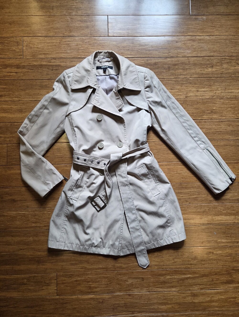 DKNY Khaki Belted Trench Coat Womens Small Zip Sleeve Lightweight Rain Jacket S